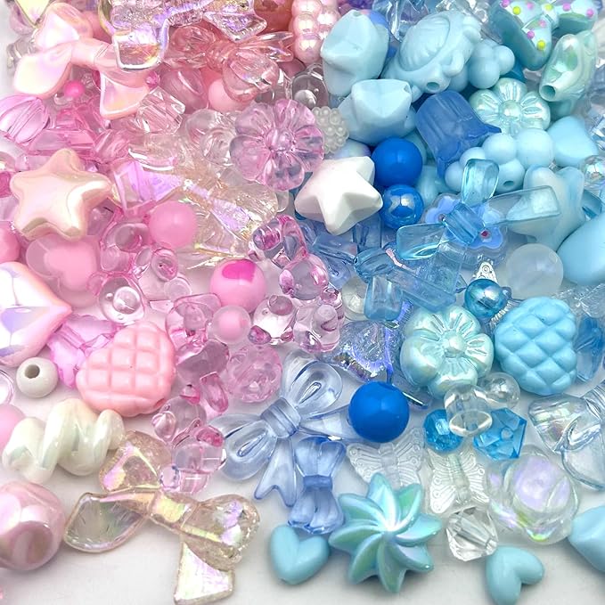 190-230PCS Assorted Acrylic Beads for Bracelet Making Kit, 200g Pink and Blue Cute Beads for Keychain Making, Kandi Charms, Kawaii Jewelry Making, DIY Crafts