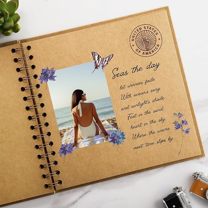 Scrapbook 8 x 8 Inch DIY Square Photo Window + 3 Corner Stickers, Photo Album Hardcover Kraft Paper Brown 20 Sheets/ 40 Pages