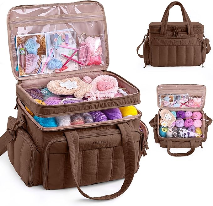 MYBAGZING Large Knitting & Crochet Bag Organizer for Yarn Storage, Double-Layer Knitting Project Bag with 6 Grommets, Yarn Organizer Tote for Knitting Supplies Crochet Hooks & Accessories Gift for Mom