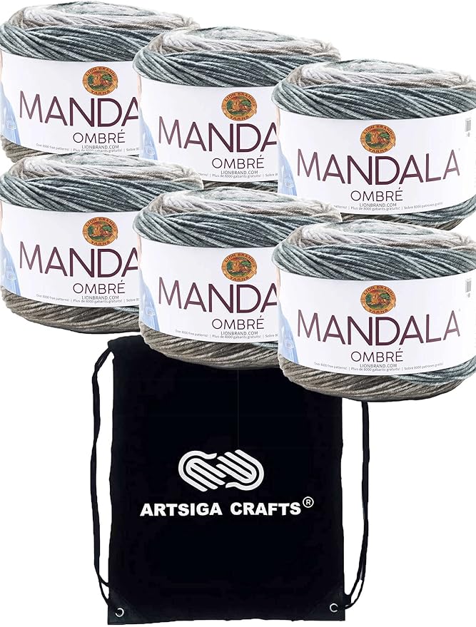 Lion Brand Mandala Ombre Cool 551-201 (6-Skeins - Same Dye Lot) Worsted Medium #4 Acrylic Yarn for Crocheting and Knitting with Project Bag