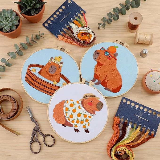 Mindsoft 3 Sets Capybara Embroidery Kit with Embroidery Hoop Easy Pattern Needlepoint Kit for Beginners and Adults Handcrafts Needlepoint Set with Needles Thread and Instruction
