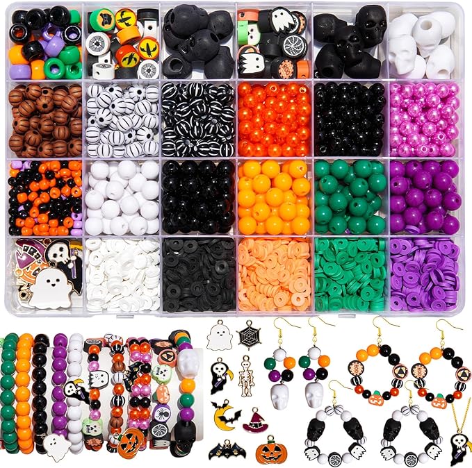 2100+PCS Halloween Beads Kit for Jewelry Making, Spooky DIY Crafts with Clay Charms Acrylic Rounds Pearls Pumpkin Skull Beads Ghost Witch Hat Bat Charms DIY Halloween Bracelets Necklace Earrings Craft