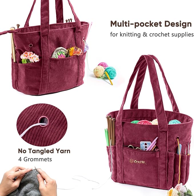 Crochet Bag and Tote - Corduroy Yarn Bag - Yarn Holder for Crocheting - Crochet Storage Bag for Crochet Hooks, Crochet Accessories, Knitting Bag for Crochet Lovers, Mother's Day Gift