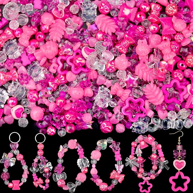 ABONDEVER 245-300Pcs Assorted Acrylic Beads for Bracelets Making Cute Star Bow Flower Candy Heart Gummy Bear Butterfly Beads for DIY Jewelry Crafts Keychain Necklace Phone Charms(Rose Pink)
