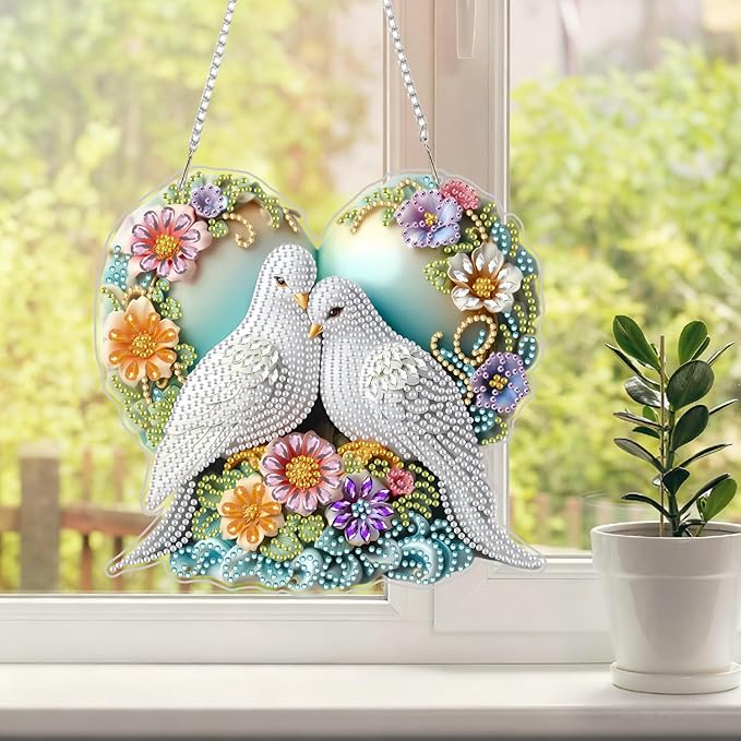 Hanging Diamonds Art kit for Adult, Spring DIY Dove of Peace Diamonds Painting Art Kit, 7.76x7.4 inch Acrylic Diamonds Painting Kit, Diamond Dot Kits Special Crystal Diamond Hanging Ornamen