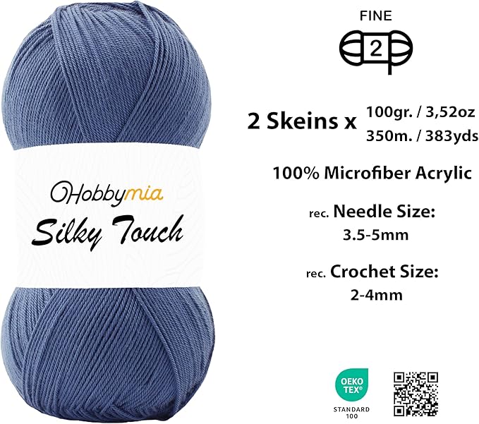 Silky Touch Acrylic Yarn - Soft Sport Weight Yarn for Crochet & Knitting - 100g / 383yds - 100% Microfiber Acrylic - Lightweight Fine Smooth Yarn(Blue - Azurite Stone, 2 Skeins)