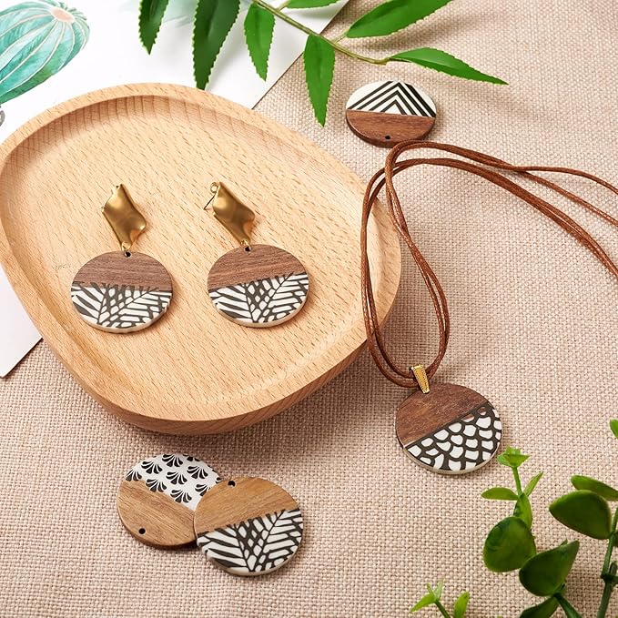 Beadthoven 16pcs/8 Pairs Resin Wood Earring Pendants Vintage Black White Stripe Print Flat Round Wooden Tags Wood Pieces Pendants for Fashion Jewelry Making Necklace Findings Women