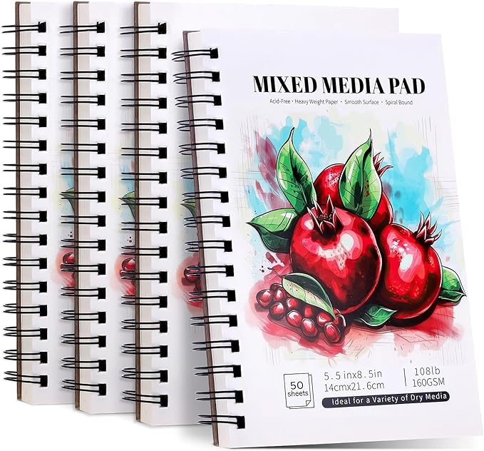 4 Pack Mixed Media Sketchbook, 5.5x8.5 inches Drawing Paper Sketch Book, 98lb/160gsm Heavyweight Spiral Bound Sketch Pads, Suitable for Wet and Dry Media, Drawing, Painting, Sketching(200 Sheets)
