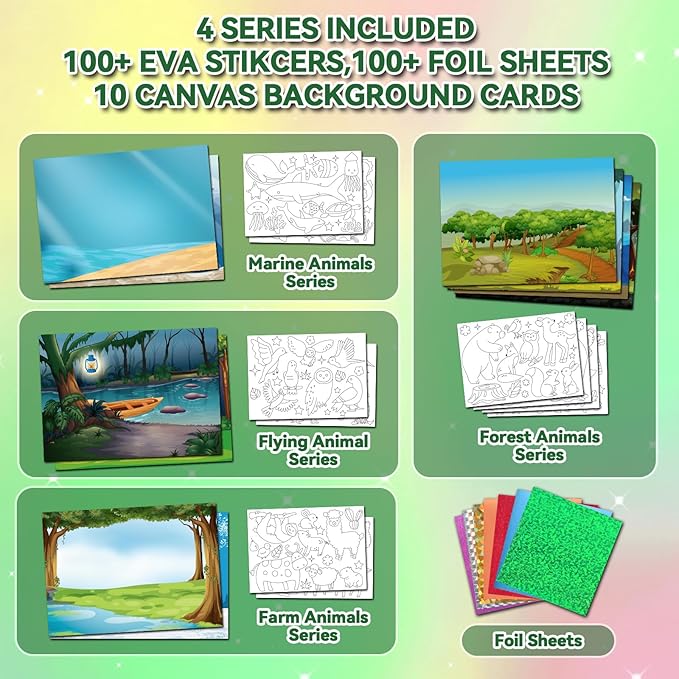 atfunshop magical foil art animals in forest farm sea & birds - no mess foil craft kit for kids ages 4 5 6 7 8 9 fun creative diy activity, ideal birthday gift for girls boys