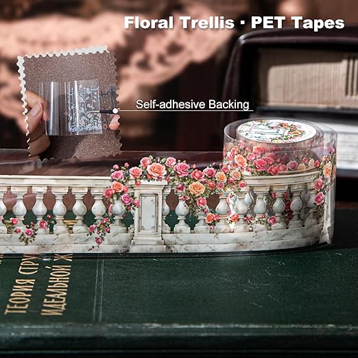 Floral Trellis PET Tape Set - 6 Rolls of Seamless Vintage Balcony & Vine Designs with 1 Metal Clip, Self-Adhesive Waterproof Decorative Tapes for Scrapbook Journal and DIY Décor