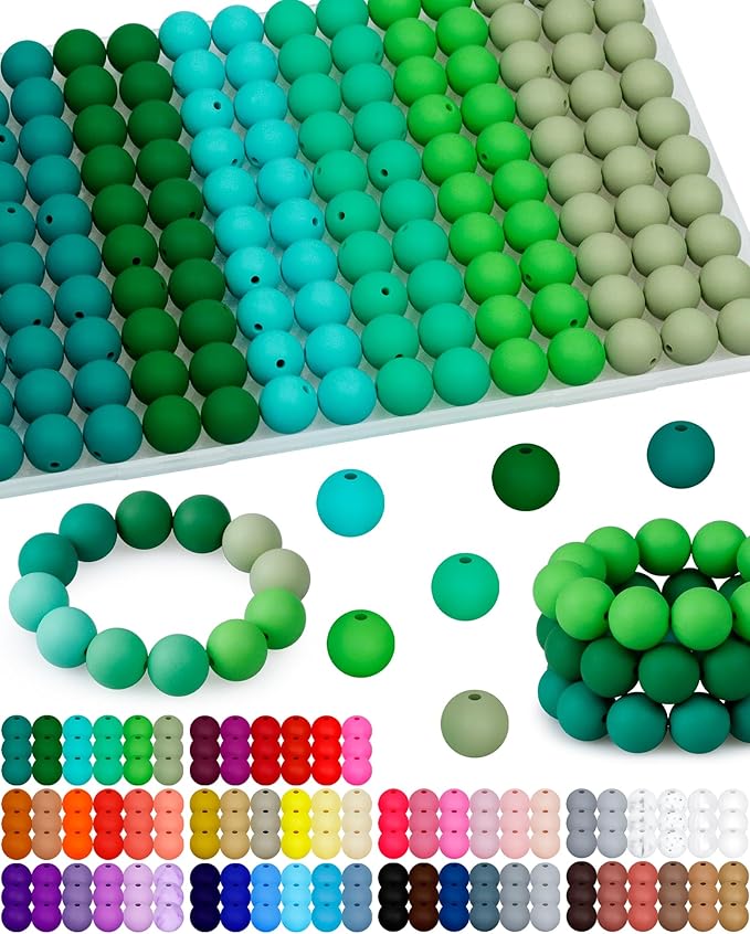160pcs fiveizero 15mm silicone beads for keychain making - mixed color round rubber beads bulk, diy craft supplies for bracelets necklaces pens(green)