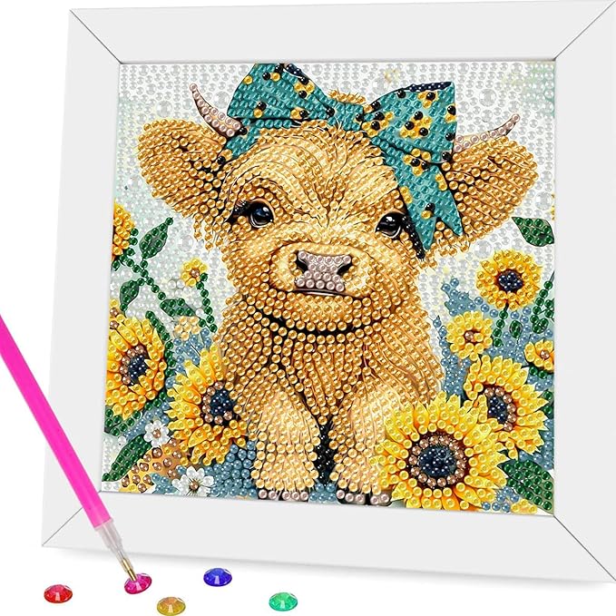 Gearock Diamond Art Kits with Wooden Frame, Easy DIY 5D Diamond Painting Kits, Flowers Cow Cute Big Gem Kits for Adults Beginners Animal Lovers Halloween Christmas Birthday Gifts