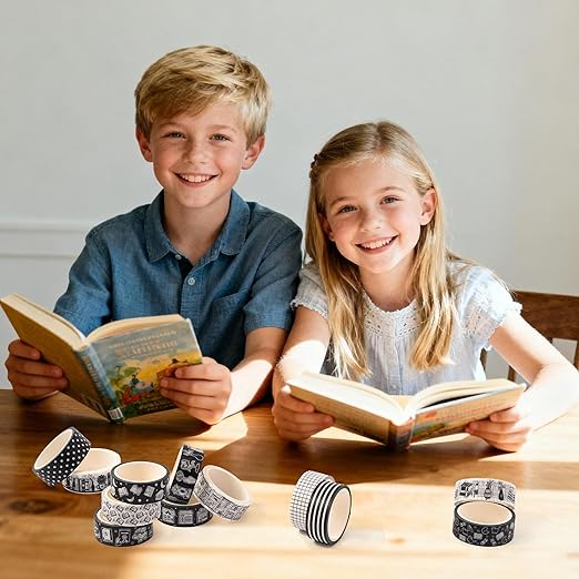 Black White Washi Tape - 12 Rolls Reading Book Library Theme Designs Easy Hand Tear Repositionable Residue Free for Gift Wrapping Scrapbooking Literary Projects Study Planner Decoration