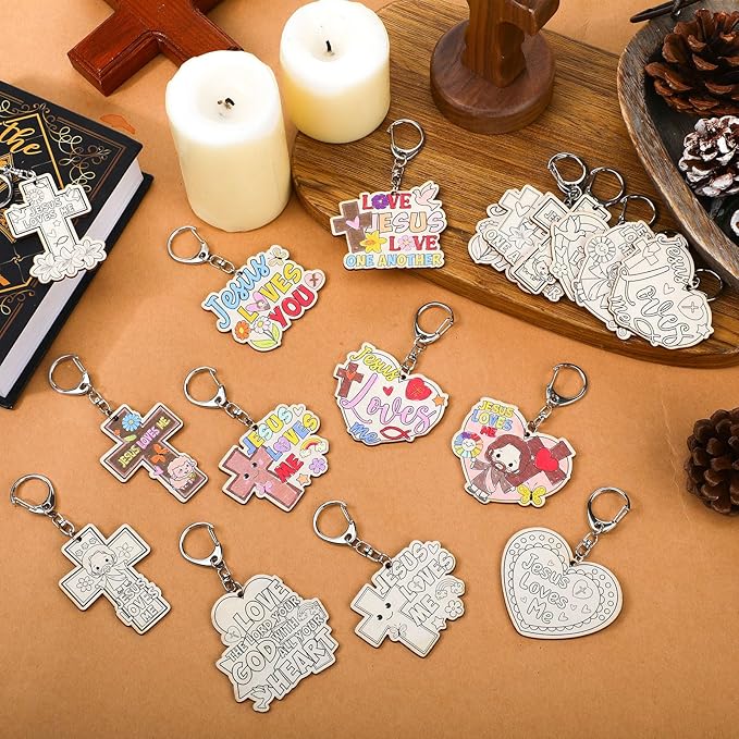 Trnayi 36 Pcs Christian Unfinished Crafts Color Your Own Jesus Loves Me Religious Keychains Wood DIY Coloring Crafts Gifts for Religious Painting DIY Arts Project Decoration