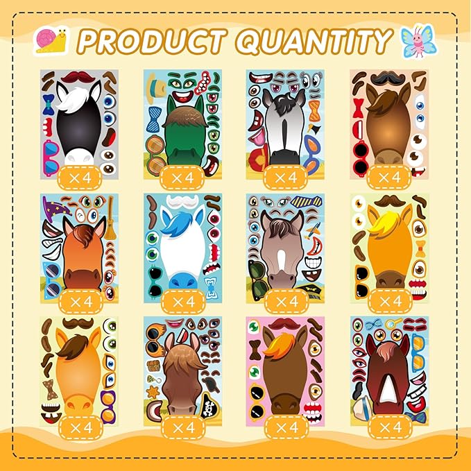 48 sheets make your own horse stickers for kids toddles, make a horse face stickers, birthday party favors supplies crafts