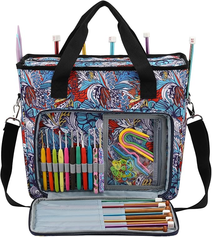 LOOEN Yarn Knitting Storage Tote-Large Capacity Crochet Organizer Portable Travel Bag with Shoulder Strap Crochet Hooks Case for Unfinished Bulk Project