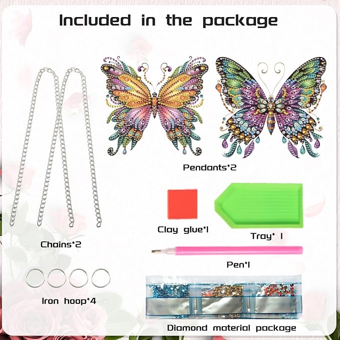 2 Pack Butterfly Diamond Painting Hanging Decorations – 5D DIY Special Shaped Diamond Art Wall Ornaments, Butterfly Design (15x13.7cm & 15x13.8cm), for Home Decor & Gifts