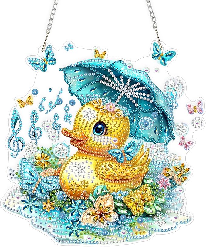 QENSPE Diamond Painting Art Hanging Kits for Adults, 5D Yellow Duck Diamond Paingting Ornaments with Chain, DIY Butterfly Crystal Window Pendants for Home Wall Decor Double Sided Gift 8X8 inch