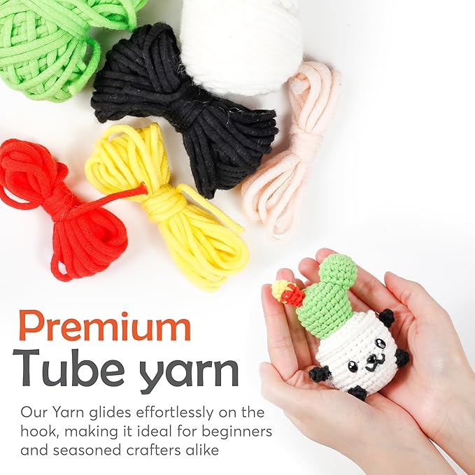 A-URA Learn to Crochet Kit for Beginners Kids and Adults, Premium Pattern Panda Cactus Beginner Crochet Kits with Easy Tube Yarn & Step-by-Step Video Tutorials