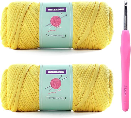2 Skeins Tshirt Yarn for Crochet,Soft T Shirt Yarn for Crocheting Bag/Basket/Home Decor,Trapillo para Tejer a Crochet Bolsas with 1 Crochet Hook,Each Ribbon Yarn 7oz, 65yds (Chicken Yellow)