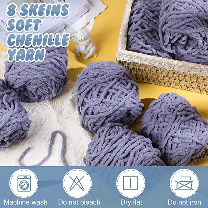 Buryeah Chunky Chenille Yarn for Crocheting Soft Thick Fluffy Yarn for Hand Knitting Bulky Velvet Blanket Plush for Weaving DIY Crafts Each 3.5 oz 55 Yards(Light Gray,8 Pack)
