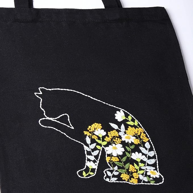 harimau beginner canvas tote bag embroidery kit,black kitten pattern,cross stitch kits, including stamped embroidery bag with 1 embroidery hoops,needle, instructionmanual and color threads