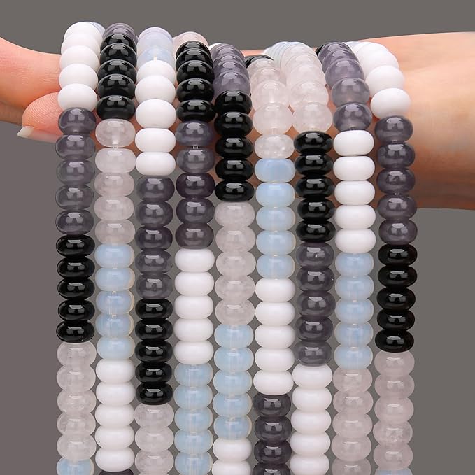 2 Strands (150PCs) Black White Shade Jade Rondelle Beads, 5 * 8mm Gemstone Loose Spacer Abacus Disk Beads for DIY Bracelet Necklace Earrings Jewelry Making, Craft Supplies Beading Kit
