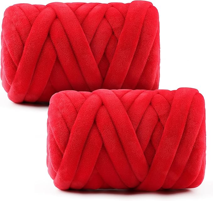 Chunky Yarn for Hand Knitting & Arm Knitting - 2-Pack Value Bundle (1.32lb Total) of Super Bulky Velvet Chenille Tube Yarn for Larger DIY Projects | No-Tool, Machine Washable, Bright Red