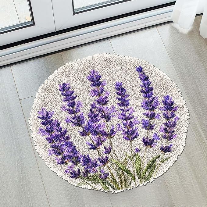 Latch Hook Rug Kit Lavender Flower Stamped Handmade Round Shape Carpet Crochet Yarn Craft DIY Hook and Latch Door Mat Tapestry for Christmas Home Floor Decor 50x50cm(1)