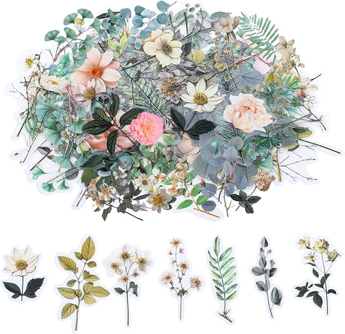 85 Pieces Natural Scrapbooking Stickers, Self-Adhesive Daisy Camellia Stickers Flower Sticker for Scrapbooking Supplies Planners Journal