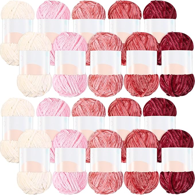 Woanger 20 Skeins Soft Chenille Yarn Velvet Blanket Yarn for Crocheting Hand Knitting Weaving DIY Craft, 93 Yards Each (Pink Tone)