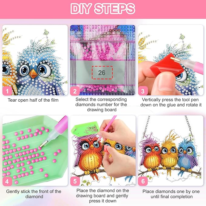 QENSPE DIY Hanging Diamond Painting Pendant Kit Animal, Birds Diamond Art Ornament Kit Acrylic Board for Window,Easy Crystal Pendant Gem Art for Home Garden Wall Decor,20x20cm