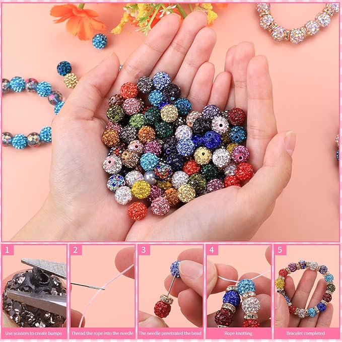 AIPRIDY Jewelry Making Beads Set, 300 PCS 10mm Rhinestone Clay Beads, 8mm Mixed Color Spacer Beads with Pearl and Floral Beads for DIY Jewelry Making (White + Pink Series)