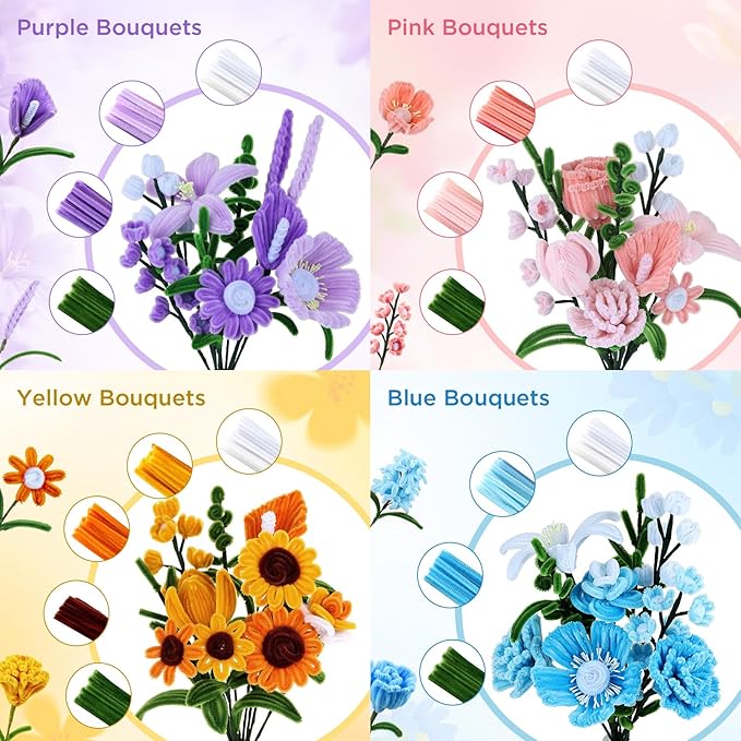 Pipe Cleaner Flower Kit, 540Pcs Pipe Cleaners Craft with 15 Designs Guiding Book, Flower Making Kit with Chenille Stems & Floral Wires, DIY Bouquets and Party Decorations (Multicolor, 12in x 7mm)