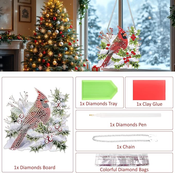 SENQAO Christmas Diamond Art Hanging Kits for Adults, Christmas Snow Cardinal Diamond Art Suncatchers, 5D Special Shape Diamond Painting Pendant Window Ornament Gifts for Home Door Wall Decor