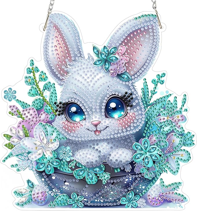MOGTAA Easter Bunny Diamond Art Hanging Kits for Adults Beginners, Flowers Diamond Art Suncatchers, 5D Special Shape Animal Diamond Painting Window Pendant Kit for Home Wall Decor