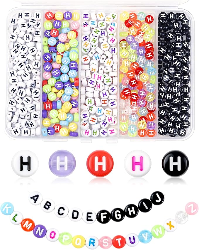 500PCS FIVEIZERO Letter H Beads, 4x7mm Colored Round Letter Beads, Acrylic Assorted Alphabet Beads for Friendship Bracelet Making and DIY Crafts