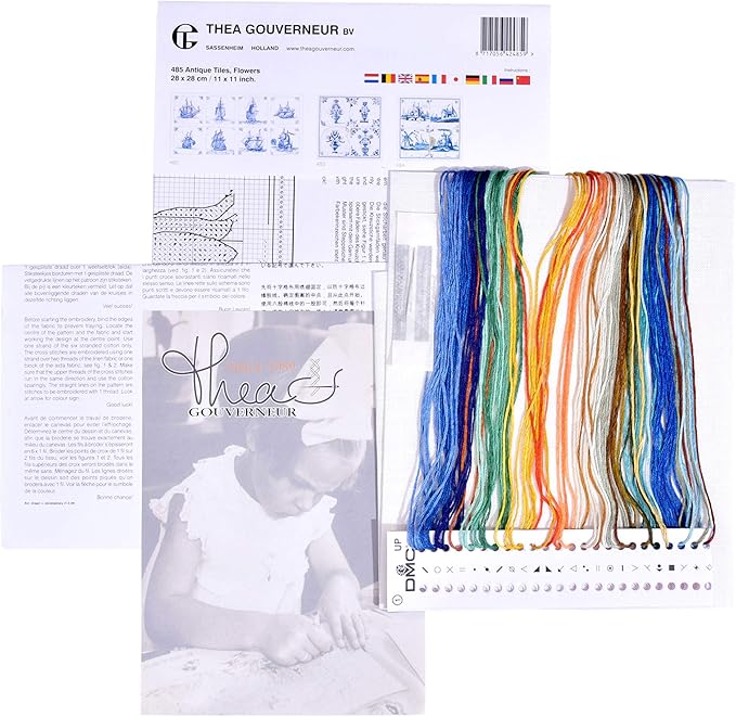 Thea Gouverneur - Counted Cross Stitch Kit - Antique Tiles Flowers - Aida - 18 Count - Embroidery Kit for Adults - DMC Embroidery Threads and Other Cross Stitch Supplies Included - 485A