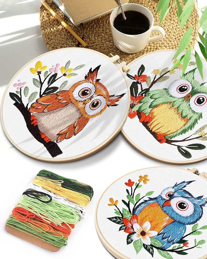 TINDTOP Embroidery Kit for Adults, Owl Embroidery Practice Kit for Adult Beginners Include Embroidery Cloth Hoops Threads for Craft Lover Hand Stitch with Embroidery Skill Techniques