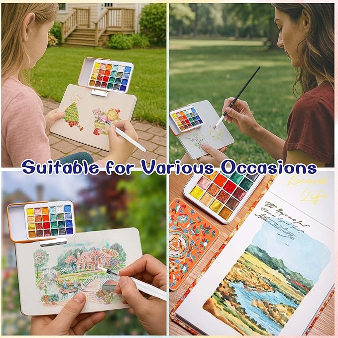 Mini Watercolor Paint Set - 24 Colors Glitter Travel Watercolor Set, Portable Metallic Water Color Paints Palette Box with Watercolor Book,Clips,Pens,Storage Bag for Painting Lovers and Artists