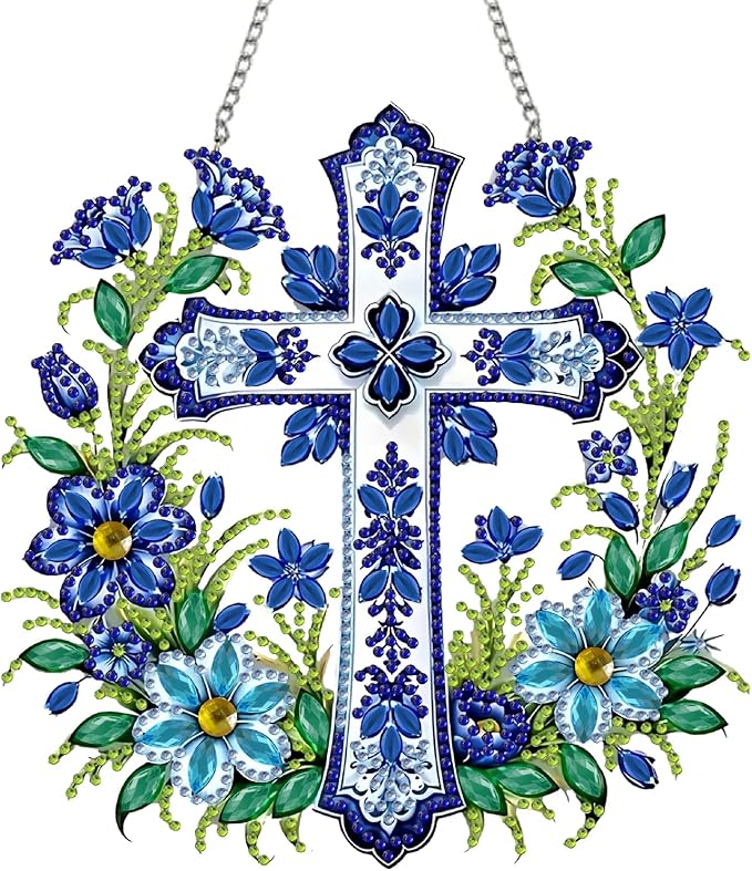 STGLCR Cross Hanging Diamond Art Kits for Adults - Cross Acrylic Board Double Sided Pattern Jesus Diamond Painting Suncatcher Pendant, Crystal Art for Home Wall Window Decor Handmade Gift 7.8Inch