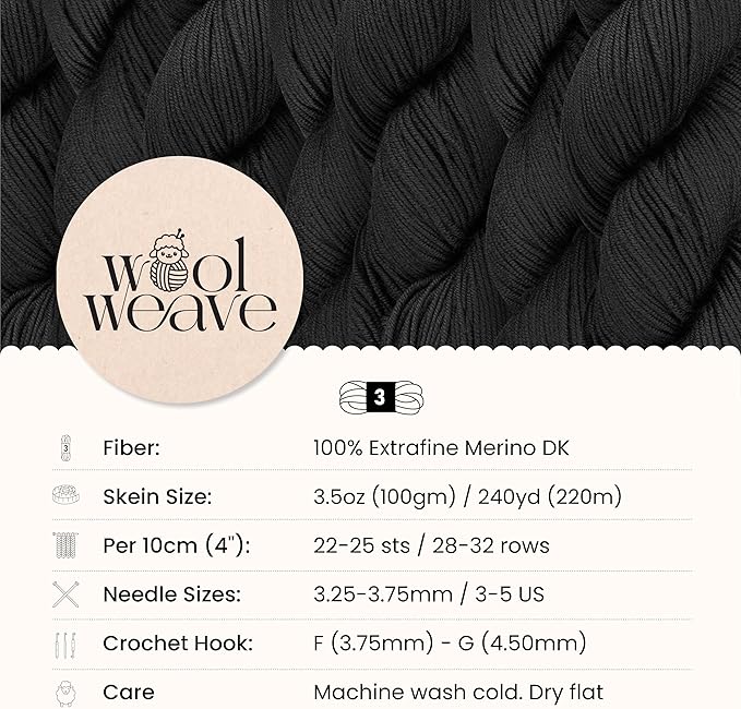 Superwash Merino Wool Yarn for Knitting & Crocheting - Hand Dyed, Luxurious & Soft Dk Weight Yarn, 100gr, 240 Yards - Jet Black