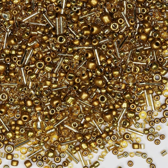 100g Mix Glass Tube Beads Bugle Beads,3500+pcs Glass Bulk Spacer Multi Size 2-6mm Kit for Jewelry Making DIY Craft Bracelets Necklace Earring Making (Golden Mixed)