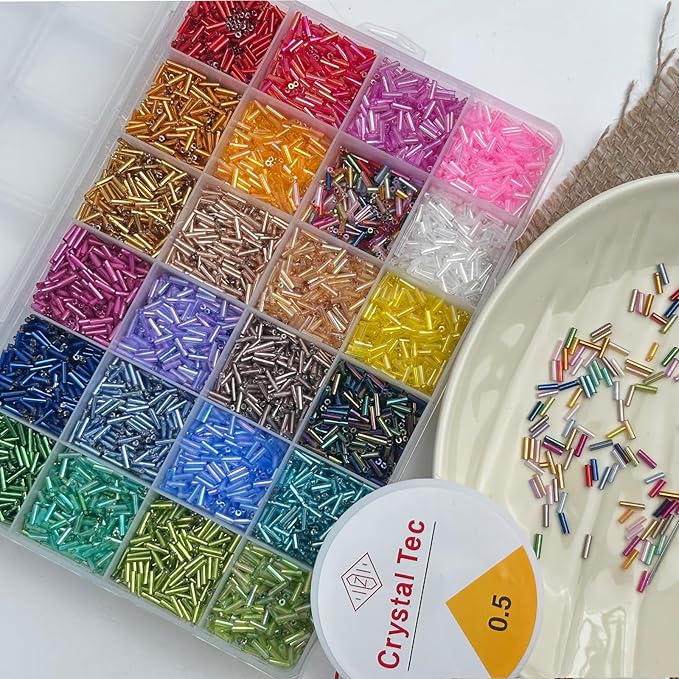 9600pcs Tube Beads Kit for Adults, Glass Bugle Seed Beads for Jewelry Making, Small Craft Bead for DIY Bracelet Necklaces Craft Making with Two Crystal String (7mm/24 Colors)