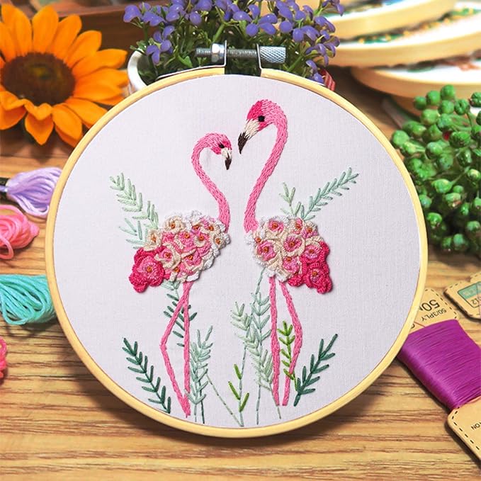 konrisa flamingo embroidery kit for beginners with pattern floral stamped full range of embroidery starter kit for adults cross stitch kit with embroidery cloth, hoops, color thread and tools,set of 2