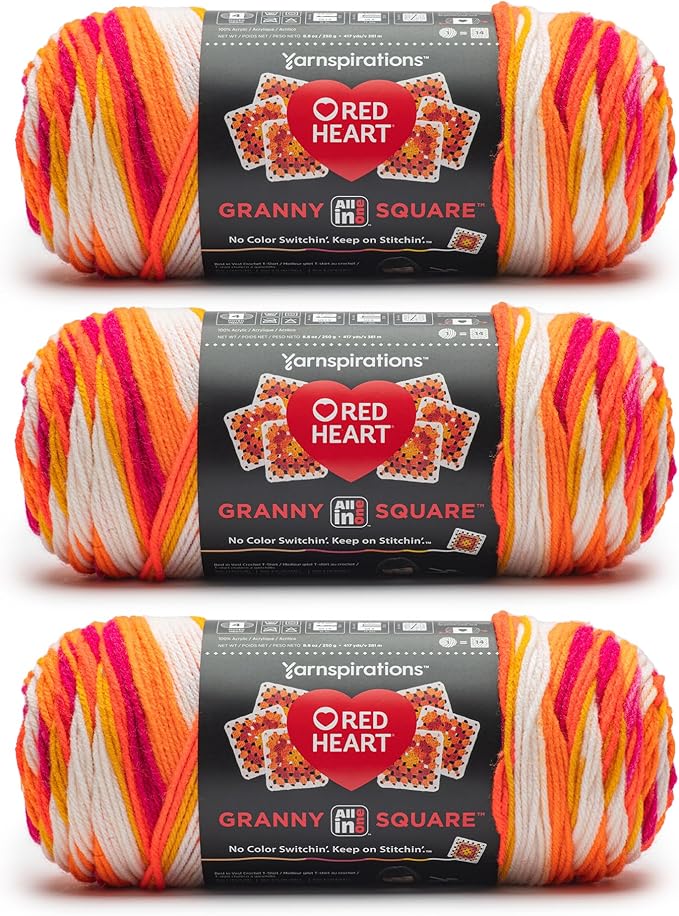 Red Heart All in One Granny Square Soft White - Citrus Twist Yarn - 3 Pack of 250g/8.8oz - 100% Acrylic - #4 Worsted (Medium) - 381m/417Yards - for Knitting, Crochet and Amigurumi