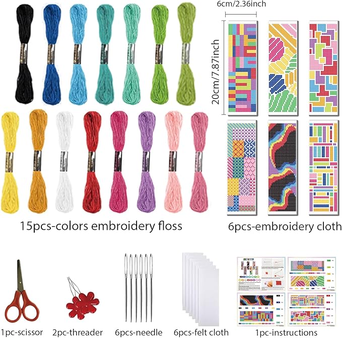 FREEBLOSS 6 Set 11CT Cross Stitch Bookmarks Kit Abstract Color Stamped Cross Stitch Kit DIY Embroidery Bookmark Set with Instruction for Adults Beginners 20x6cm/8x2.4inch