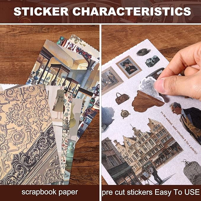 Scrapbooking Stickers 400 Pre-Cut Washi Stickers & 20 Scrapbook Papers Museum Vintage Sticker Books for journaling Scrapbooking Supplies