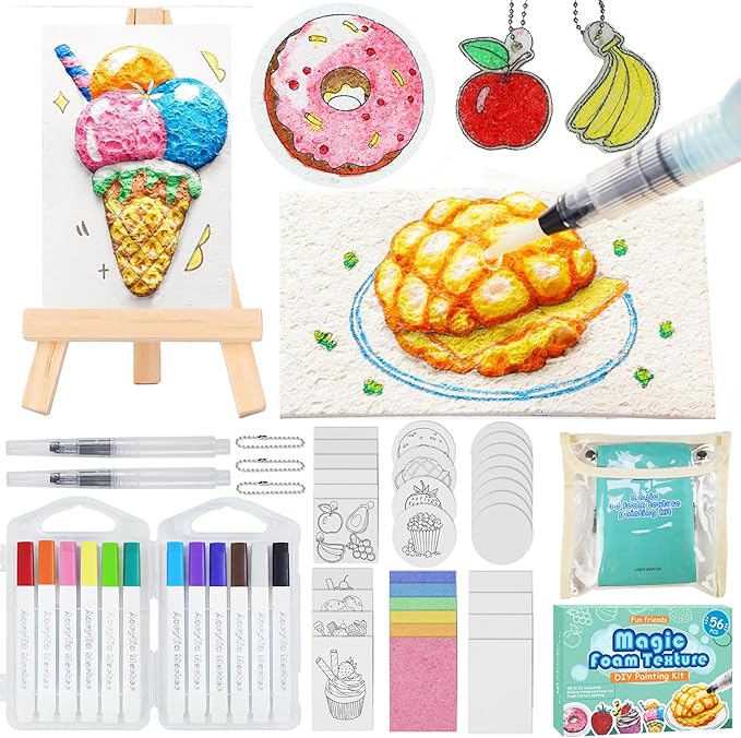 56 pcs Magic Foam Texture Painting Kit, 3D Puffy Paint Kit Including 32 Pcs Magic Foam Paper, 12 Colors Brush Tip Acrylic Paint Markers, Diy Painting Gifts For Boys And Girls' Birthday Parties