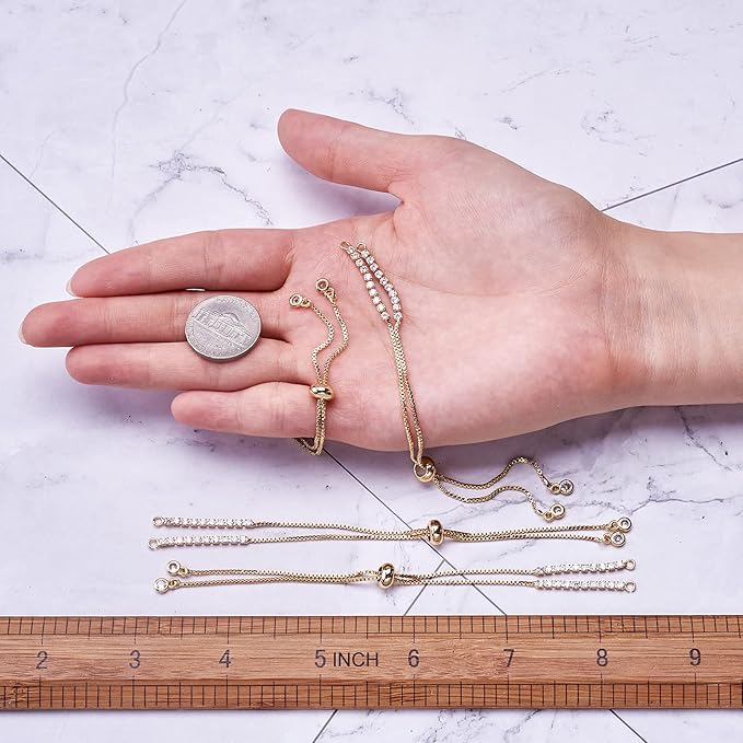 FASHEWELRY 10 Strands Adjustable Brass Bracelet Slider Extender Chains Micro Pave with Cubic Zirconia Ends 11"(280mm) Golden Plated for DIY Jewelry Making